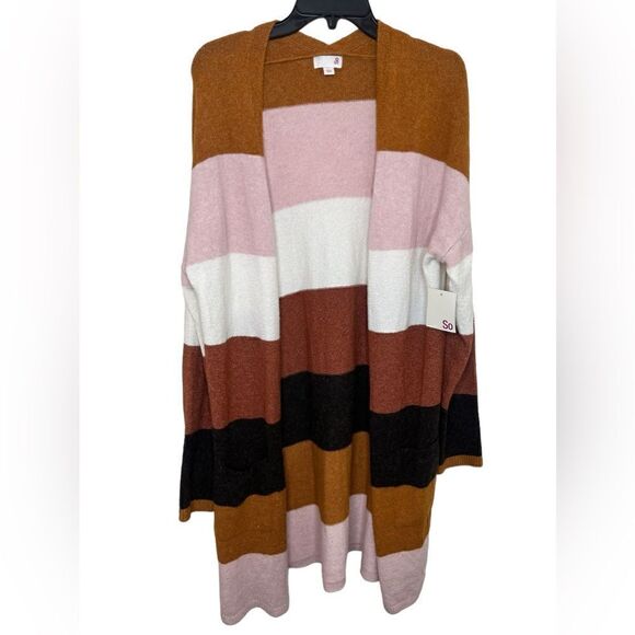 SO Pink/Brown/White Multi Long Sleeve Striped Open Front Cardigan Large - Picture 2 of 12
